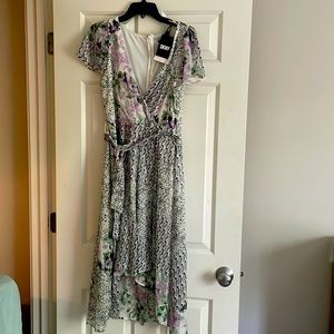 DKNY, size 8, white dress with lilac and mint green floral print